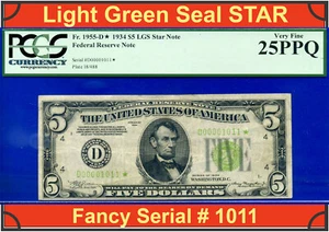 1934 $5 Federal Reserve Note PCGS 25PPQ rare 5 known low serial star Fr 1955-D* - Picture 1 of 4