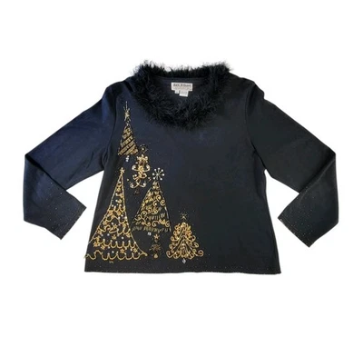 Suéter feminino vintage Jack B Quick Christmas preto dourado XL lantejoulas com miçangas - Imagem 1 de 4