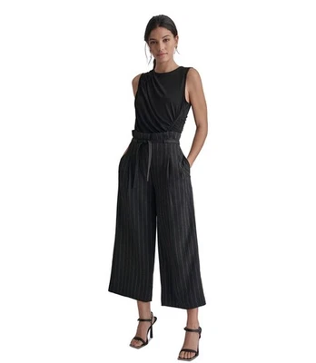 Pantalones DKNY 14P negros a rayas recortados pierna ancha con cinturón nuevos con etiquetas Foto 1 de 4