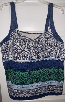 Lands End Tankini Swim Top Size 22W Blue/White/Green Striped Pattern, Padded - Image 1 of 4