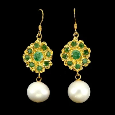 925 Sterling Silver Earrings Round Emerald Pearl Gemstone Jewelry - Image 1 of 4