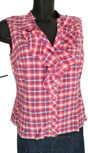 Chemisier rouge et bleu à carreaux 1.2.3 ss manches à volants T44 FR Bon état - Picture 1 of 4