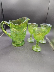 VTG. Indiana Glass Tiara Flower Medallion Pitcher and 3 Goblets Lime Green - Picture 1 of 11
