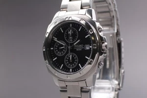 New Batt. [N MINT] SEIKO 7T92-0CA0 Chronograph Black Qz Men's Watch From JAPAN - Picture 1 of 10