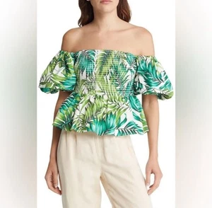 NWT Autumn Adeigbo Marine Top Green Palm Women’s Size 4 Puff Sleeves MSRP $540 - Picture 1 of 8