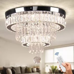 Modern Crystal Ceiling Light with Remote Flush Mount Chandelier for Bedroom 16" - Picture 1 of 13