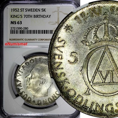 SWEDEN Silver 1952 ST 5 Kronor NGC MS63 70th Birthday Gustaf VI Adolf KM# 828(0) - Image 1 of 4