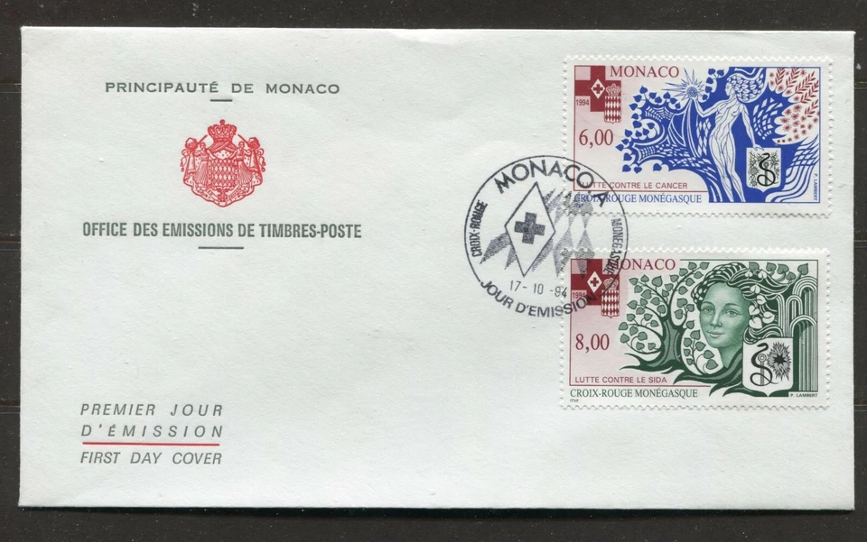 MÓNACO 1994, CRUZ ROJA, LUCHA CONTRA EL CÁNCER Y A.I.D.S. Sc 1926-1927 en F.D.C Foto 1 de 1