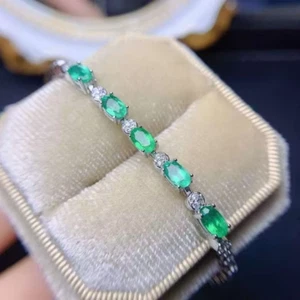 Natural Emerald Tennis Bracelet, Women's Emerald Bracelet Sterling Silver 3x5mm - Picture 1 of 7