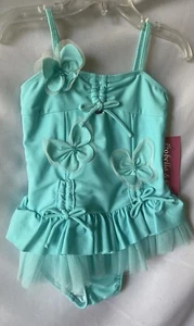 Isobella & Chloe Turquoise Ruffle And Flower Appliqué Girls 1 Piece Swimsuit 4 - Picture 1 of 7