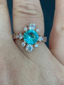 Beautifully designed Aqua lab-created Aquamarine rose gold plated ring sz7 - Picture 1 of 9