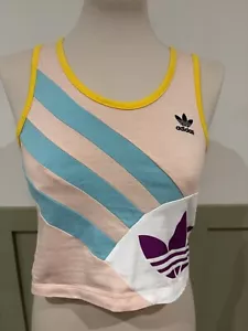 Adidas Retro pfirsichfarben/blau/lila ärmelloses kurz geschnittenes Tanktop Damen UK 8 - Bild 1 von 8