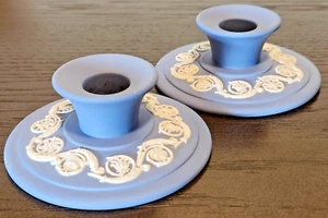 Vintage Blue Wedgwood Candle Candlestick Holder Jasperware Set 3 1/4" - Picture 1 of 12