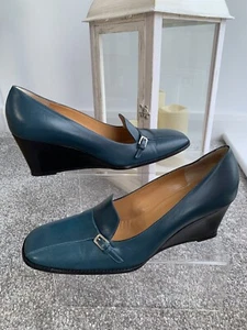 BALLY Wedge Heel Shoes Pumps Beautiful Turquoise Italy Leather UK 7 40.5 US 10 - Picture 1 of 15