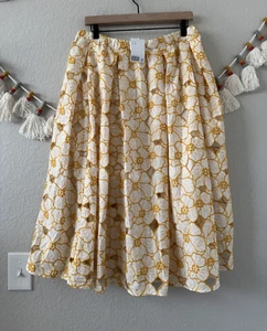 H&M Yellow Eyelet Floral Elastic Pull On Midi Lined Skirt Flowy Boho Beachy NWT - Picture 1 of 7