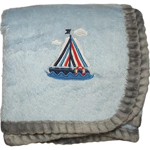 SL Home Fashions Blue Sailboat Baby Blanket Gray Ribbed Trim RN 119741 Ship Boat - Picture 1 of 3