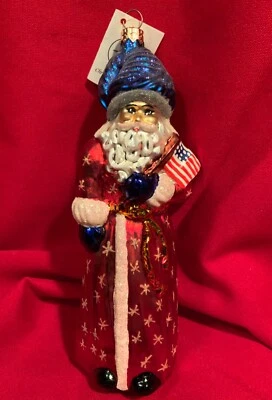 Papá Noel con lentejuelas estrella, patriótico, Christopher Radko, Polonia, vidrio soplado, adorno, etiqueta Foto 1 de 4