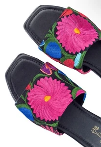 Handmade Mexican Women’s Sandals – Black Floral Textile Slip-Ons – Angelozano - Picture 1 of 9
