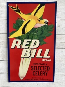 Red Bill Celery Crate Label Original Print Unused Yellow Bird Print Harry Becker - Picture 1 of 3