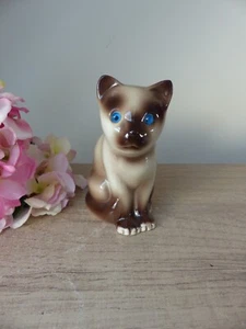 Vintage Figurine de Chaton Marron Siamois aux Yeux Bleus Céramique Elpa Alcobaca - Foto 1 di 11