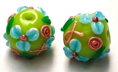 10 cuentas de vidrio de murano hechas a mano vidrio púrpura azul flor en verde 14 mm Foto 1 de 4