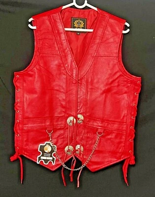 Mens RED Original COW LEATHER Vest Chain Concho Motorcycle Biker Waistcoat NEW - Image 1 of 4