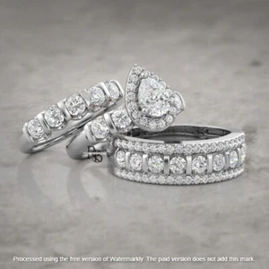 3Ct Created Diamond in 14K White Gold Finish His & Her Wedding Trio Ring Set - Picture 1 of 16