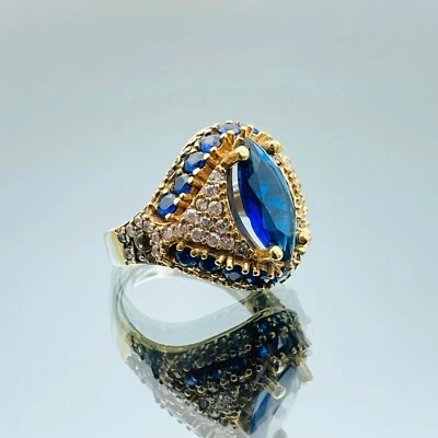 Anillo de plata de ley 925 con zafiro azul simulado auténtico hecho a mano para mujer Foto 1 de 4