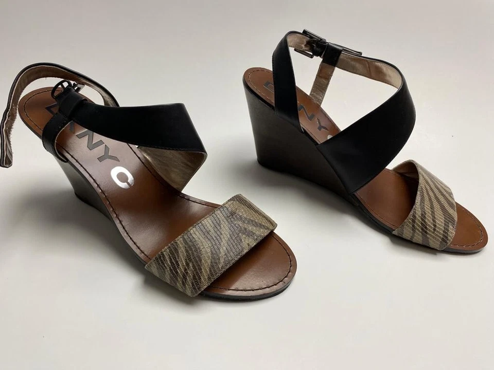 DKNY C Mujer Sandalias Marrón/Negro Correa Cuña Talla 9 Cuero Superior.  Foto 1 de 4