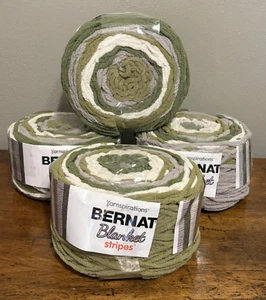 Bernat Yarnspirations Blanket Stripes Olive Branch Green Gray Off White 4 Rolls - Picture 1 of 7