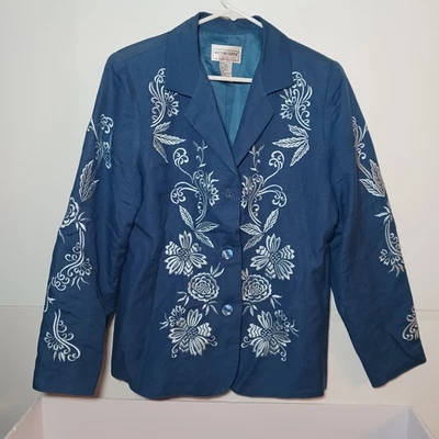 Blazer feminino Victor Costa ocasional mistura de linho azul floral bordado tamanho P - Imagem 1 de 4