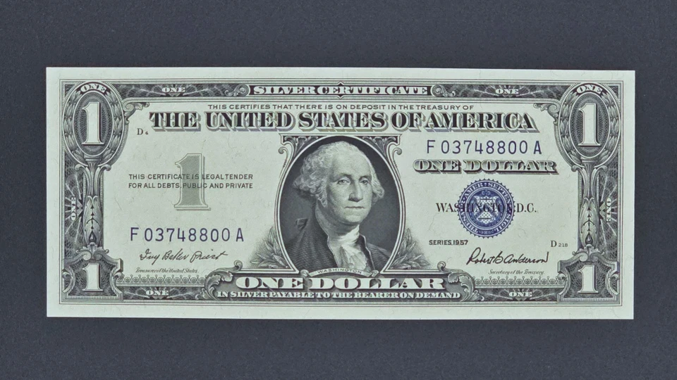 1957 US $1 Silver Cert, FR#1619,  SGUNC-68 EPQ, S# F03748798A (1st of 3 consec) - Image 1 of 2