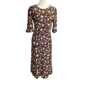 Loft Women’s SIZE 12 Black Multicolor Floral Ruffle Sleeve Midi Slit Leg Dress - Picture 1 of 9