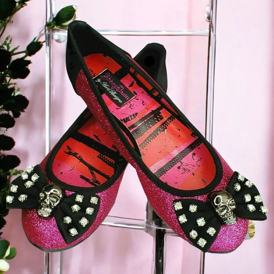 Abbey Dawn Pink Glitter Skull Shoes Black Bow Rhinestones Flats Size 5 Halloween - Image 1 of 4