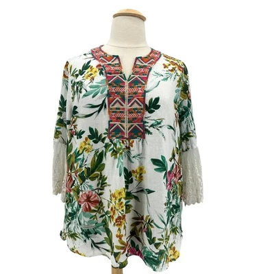 John Mark Womens XL Top Linen Lace Floral Embroidered Tunic Multicolor Boho - Image 1 of 4