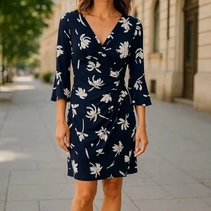 Lauren Ralph Lauren marineblau weiß Blumen Faux Wickel Glockenärmel Kleid V-Ausschnitt Gr. 12 - Bild 1 von 5