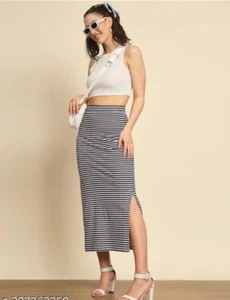 Women's Black Color Striped A- Line Long Skirt - Picture 1 of 3