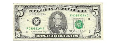 1985-$5. DOLLAR NOTE NUMBER (03953164), GREAT BILL! - Image 1 of 2