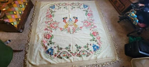 Antique Asian Inspired Hand Painted Bed Coverlet from Italy - Picture 1 of 5
