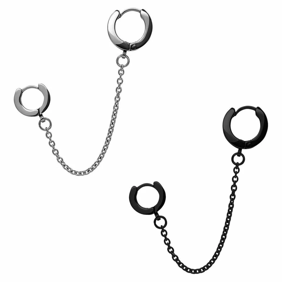 Ohrklemme Creolen mit Kette silber schwarz Edelstahl Ohrring Klappcreolen - Bild 1 von 1