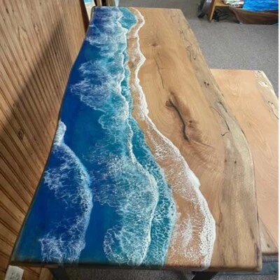 Ocean Epoxy Live Edge Wooden Dining Table, Office Computer Desk Furniture Decor - Image 1 of 3