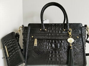 🌹Brahmin Harper Satchel Black Leather Carryall Bag+Wallet+Tassel NWT***HTF 