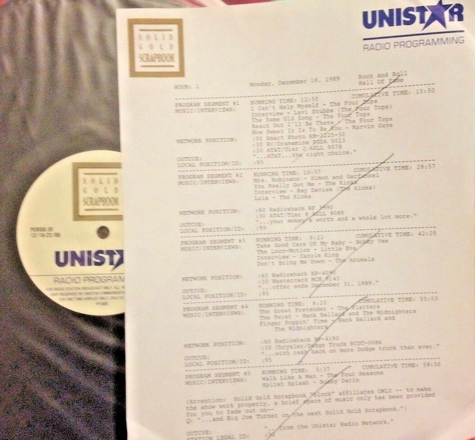 RADIO SHOW 12/18/89 R&R HOF: FOUR TOPS (3), FOUR SEASONS, KINKS (2), BOBBY DARIN - Image 1 of 1