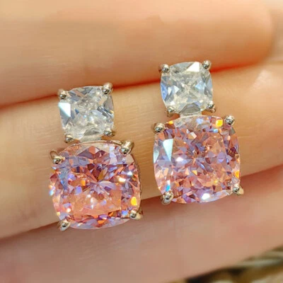 New 10mm Ice Flower Cut Pink Topaz Gemstone Charm Women Girl Silver Stud Earring - Image 1 of 4