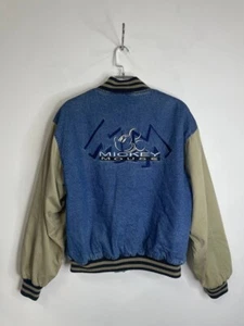 Vintage Mickey Mouse Denim Varsity Jacket Blue & Beige Size M 90s Disney - Picture 1 of 7