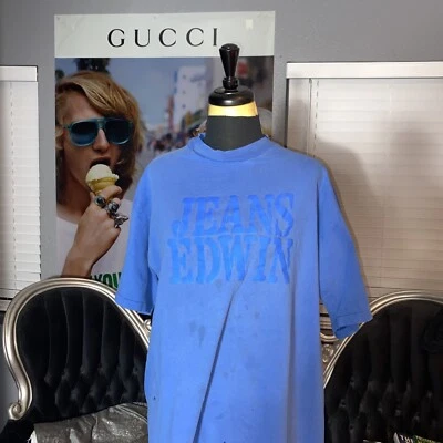 Vintage Edwin Jeans Blue Single Stitch Graphic T-Shirt Adult Size L Made In USA - Image 1 of 4