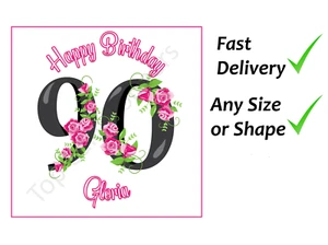 90th Birthday white background flowers Cake topper icing / wafer Personalised - Picture 1 of 9
