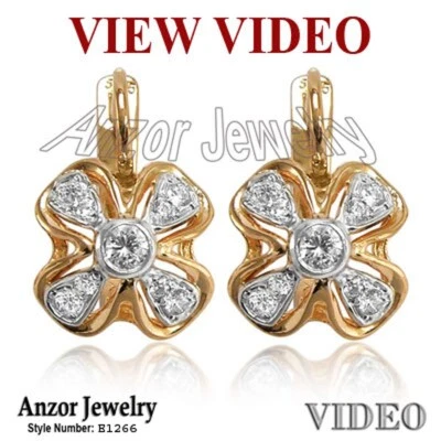 18k Two-Tone Gold Genuine 0.60 cwt Flower Shaped Diamonds Earrings #E1266 ... - Image 1 of 4