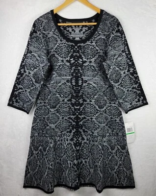 Vestido Suéter Nina Leonard Grande Manga 3/4 Pullover Gris Negro Serpiente Oficina  Foto 1 de 4
