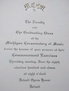 Antiguo Conservatorio de Música de Michigan Ejercicios de graduación Invitación 1911  - Imagen 1 de 4